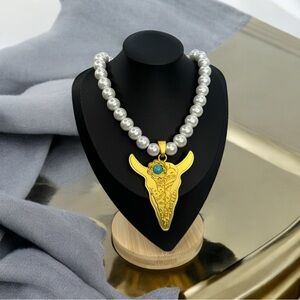 Gold Cow Steer Skull Pendant Charm pearl necklace